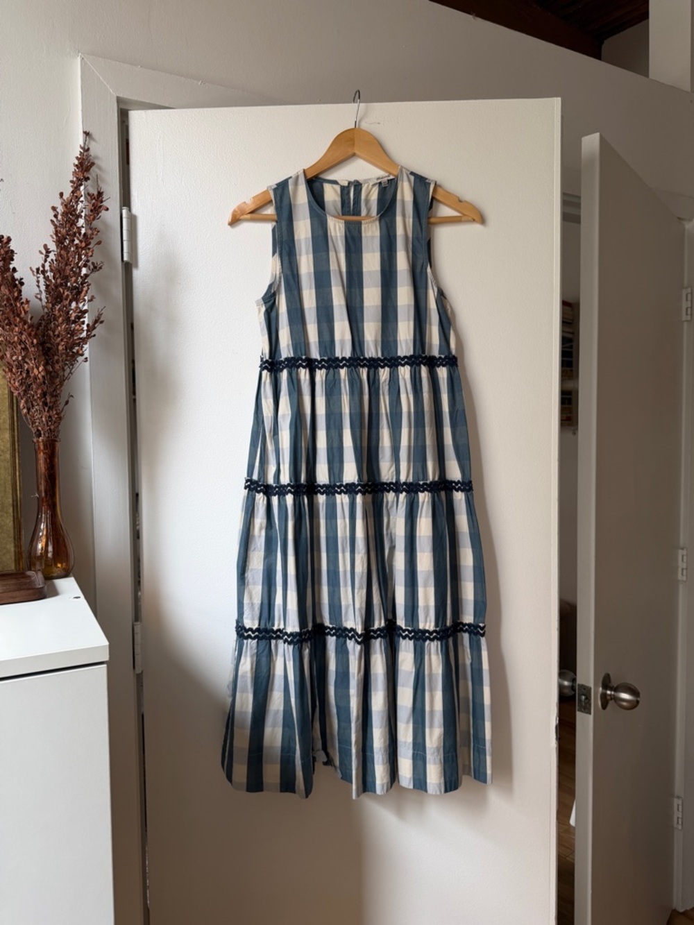 Madewell Blue and Cream Gingham Tiered Midi Dress 100% cotton